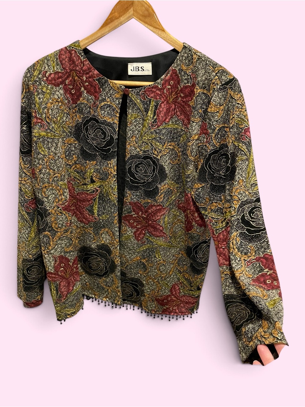Glitterati vintage gold foil beaded slinky cardigan top beaded roses